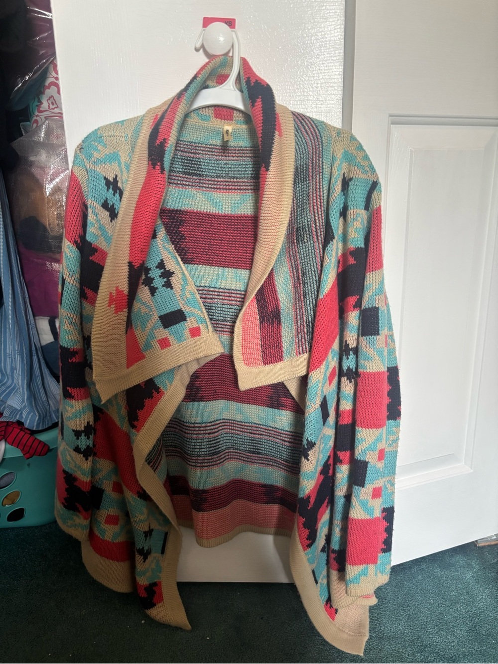Open-Front Geometric Knit Cardigan in Teal, Coral & Cream
